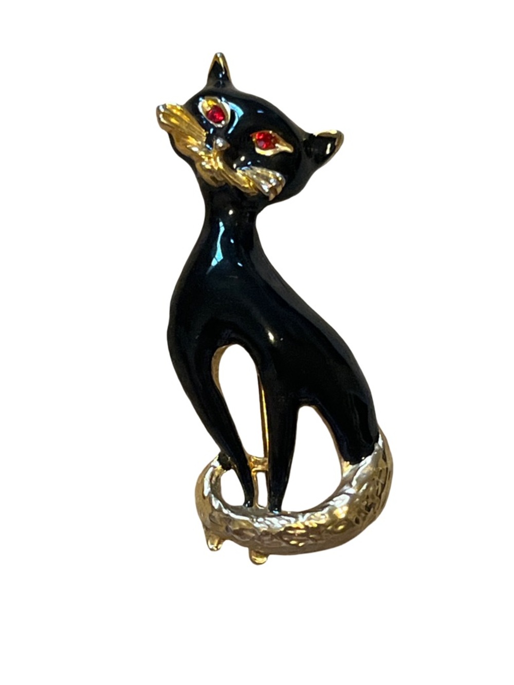 Vintage Cat Brooch cat pin with red eye textured tailBlack and gold cat brooch